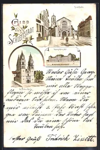 Lithographie Schlettstadt, Kaserne König Karl, St. Fides-Kirche und Fruchthalle
