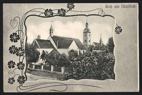 AK Neunkirch, Vue de l`église entourée de verdure et ornée de motifs floraux