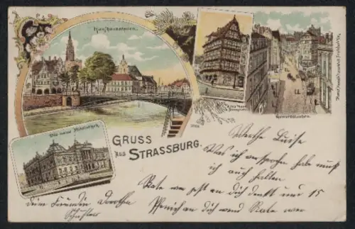 Lithographie Strassburg, Kaufhausstaden, Neue Bibliothek, Gewerbslauben, Altes Haus am Domplatz