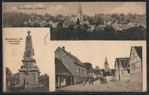 AK Morsbronn, Monument des cuirassiers francais et vue du village avec église et rue principale