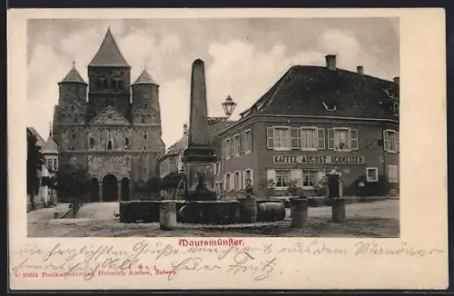 AK Maursmünster, Vue de l`église abbatiale et du café August Schneider