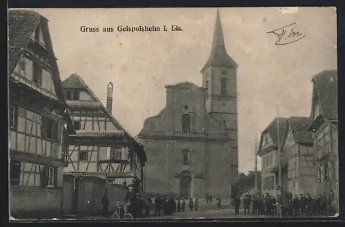 AK Geispolsheim i. Els., Vue de l`église et des maisons à colombages