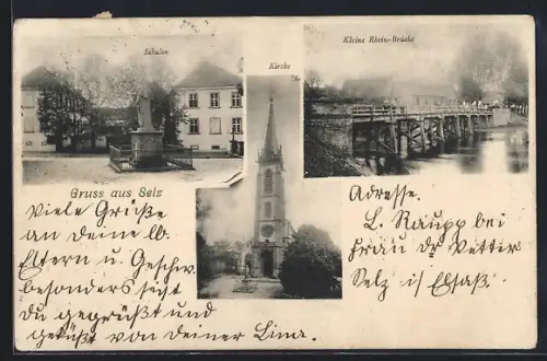 AK Selz, École, Église et petite passerelle sur le Rhin