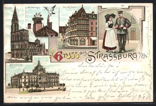 Lithographie Strasbourg, Collage de la cathédrale, du Vieux Marché et du Palais impérial, couple en costume traditionnel