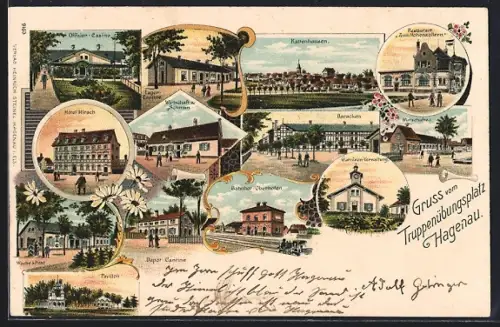 Lithographie Hagenau, Truppenübungsplatz, Hotel Hirsch, Bahnhof Oberhofen, Gasthaus z. Schwan, Lager-Cantine