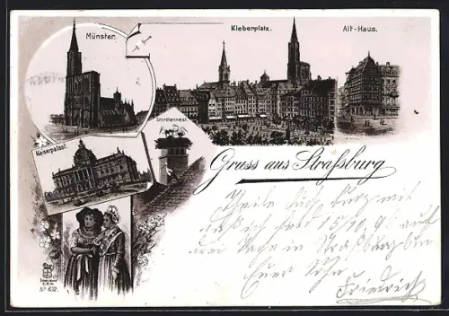 Lithographie Strassbourg, Münster, Kleberplatz und Kaiserpalast, Alt-Haus