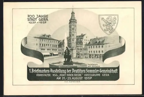 AK Gera, 1. Briefmarken-Ausstellung der Deutschen Sammler-Gemeinschaft 1937, 700 Jahre Stadt Gera, Ganzsache