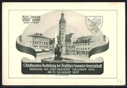 AK Gera, 1. Briefmarken-Ausstellung der Deutschen Sammler-Gemeinschaft 1937, 700 Jahre Stadt Gera, Ganzsache