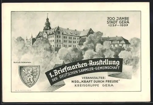 AK Gera, 1. Briefmarken-Ausstellung der Deutschen Sammler-Gemeinschaft 1937, 700 Jahre Stadt Gera, Ganzsache