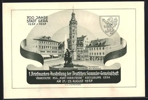 AK Gera, 1. Briefmarken-Ausstellung der Deutschen Sammler-Gemeinschaft 1937, 700 Jahre Stadt Gera, Ganzsache