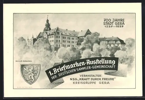 AK Gera, 1. Briefmarken-Ausstellung der Deutschen Sammler-Gemeinschaft 1937, 700 Jahre Stadt Gera, Ganzsache