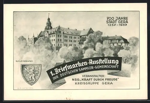 Künstler-AK Gera, 1. Briefmarken-Ausstellung 1937, 700 Jahre Stadt Gera, Schloss Osterstein, Ganzsache