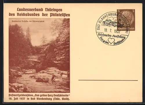 AK Bad Blankenburg /Thür. Wald, Postwertzeichenschau Das grüne Herz Deutschlands 1937, Steinerne Brücke, Ganzsache