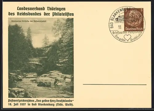 AK Bad Blankenburg /Thür. Wald, Postwertzeichenschau Das grüne Herz Deutschlands 1937, Steinerne Brücke, Ganzsache