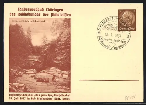 AK Bad Blankenburg /Thür. Wald, Postwertzeichenschau Das grüne Herz Deutschlands 1937, Steinerne Brücke, Ganzsache