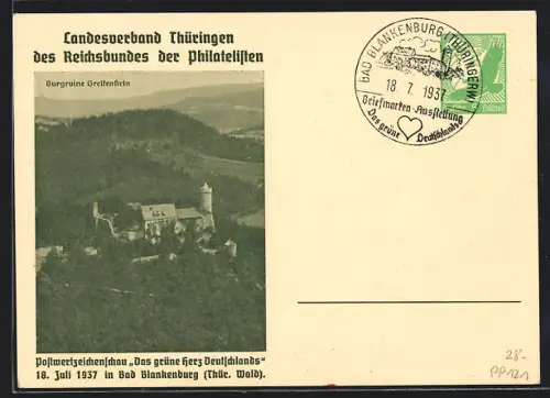 AK Bad Blankenburg /Thür. Wald, Postwertzeichenschau Das grüne Herz Deutschlands 1937, Ruine Greifenstein, Ganzsache