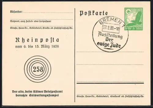 AK Köln, Rheinposta 1938, Alter Kölner Entwertungsstempel, Ganzsache