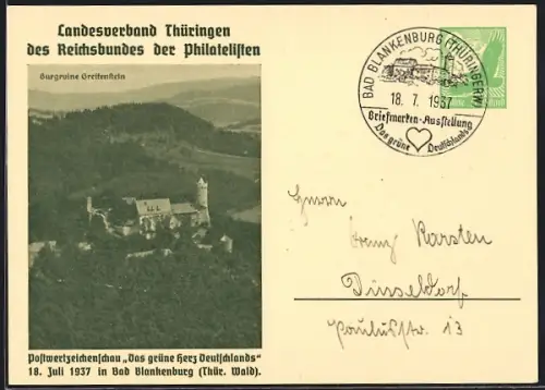 AK Bad Blankenburg /Thür. Wald, Postwertzeichenschau Das grüne Herz Deutschlands 1937, Ruine Greifenstein, Ganzsache