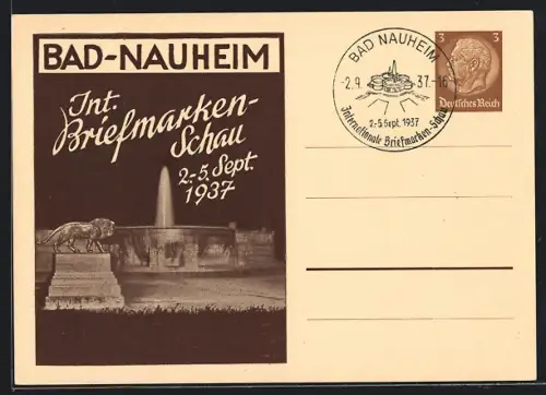 AK Bad Nauheim, Int. Briefmarken-Schau 1937, Löwenstatue am Brunnen, Ganzsache
