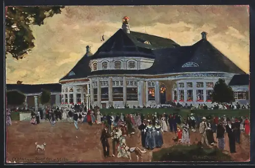 Künstler-AK München, Ausstellung 1908, Haupt-Restaurant, Ganzsache Bayern