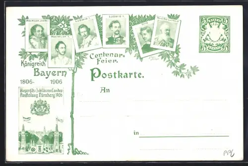 AK Nürnberg, Jubiläums-Landes-Austellung 1906, Luitpold von Bayern, Otto, Ludwig II., Ganzsache Bayern