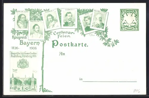 AK Nürnberg, Jubiläums-Landes-Austellung 1906, Porträt von Luitpold von Bayern, Otto, Ludwig II., Ganzsache Bayern