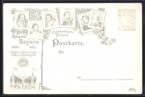 AK Nürnberg, Jubiläums-Landes-Austellung 1906, Luitpold von Bayern, Otto, Ludwig II., Ganzsache Bayern
