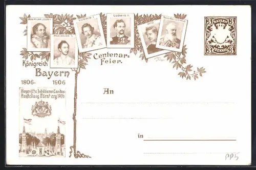AK Nürnberg, Jubiläums-Landes-Austellung 1906, Luitpold von Bayern, Ludwig II., Ganzsache Bayern