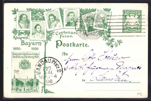 AK Nürnberg, Jubiläums-Landes-Austellung 1906, Luitpold von Bayern, Otto, Ludwig II., Ganzsache Bayern
