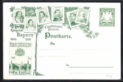AK Nürnberg, Jubiläums-Landes-Austellung 1906, Luitpold von Bayern, Otto, Ludwig II., Ganzsache Bayern