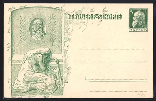 AK Frau weint am Bild des verstorbenen Prinzregenten Luitpold, Ganzsache Bayern