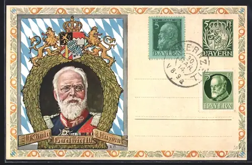 AK König Ludwig III. v. Bayern, Portrait mit Eichenkranz, Briefmarken, Ganzsache Bayern