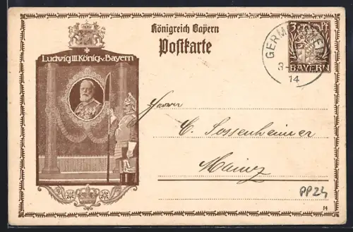 AK König Ludwig III. von Bayern im Porträt, Ganzsache Bayern