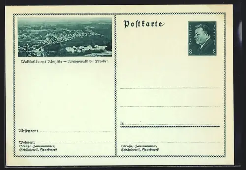 AK Klotzsche-Königswald b. Dresden, Ortsansicht aus der Vogelschau, Ganzsache