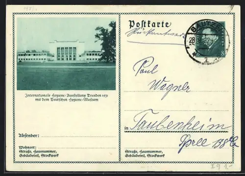 AK Dresden, Internationale Hygiene-Ausstellung 1931 mit dem Deutschen Hygiene-Museum, Ganzsache