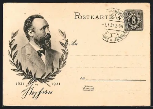 AK Dr. H. von Stephan mit Lorbeerkranz, 1831 - 1931, Ganzsache