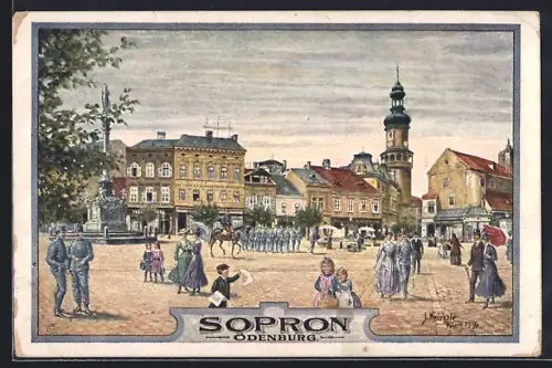 Künstler-AK Sopron, Ortsansicht mit Denkmal und Kirche