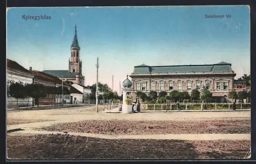 AK Nyiregyhaza, Széchenyi tér, Strassenpartie mit Kirche