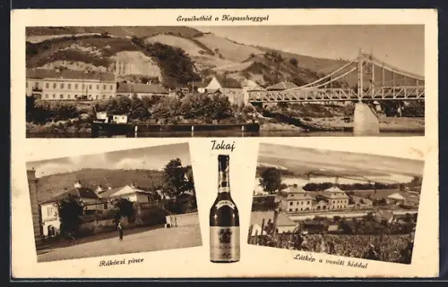 AK Tokaj, Erzsébethid a Kopaszheggyel, Rákóczi pince, Látkép a vasúti hiddal