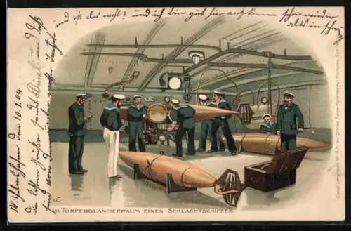 Lithographie Kriegsschiff, Matrosen im Torpedolancierraum eines Schlachtschiffes
