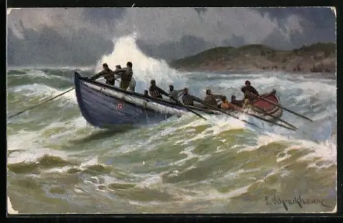 Künstler-AK Seenotrettungs-Boot auf stürmischer See