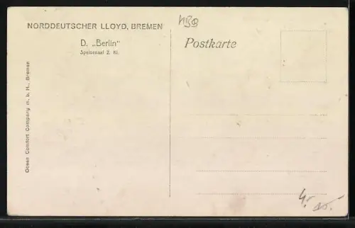 AK Passagierschiff Berlin, Speisesaal 2. Klasse