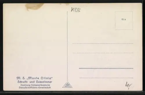 AK Passagierschiff M.S. Monte Olivia, Schreib-und Lesezimmer