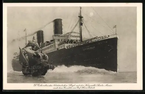 AK Passagierschiff D. Columbus mit der Karawelle Santa Maria auf hoher See