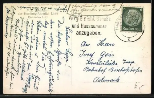 AK Rauchsalon der 1. Klasse des Passagierschiff M.S. Orinoco