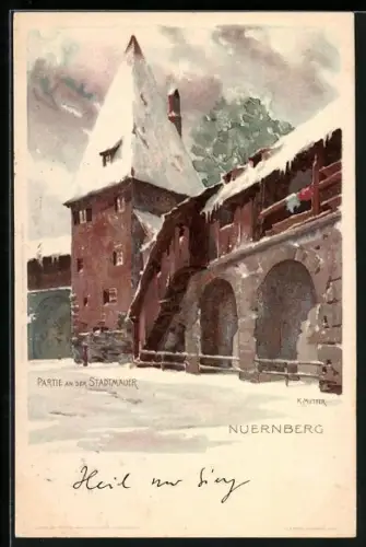 Künstler-AK K. Mutter: Nürnberg, Stadtmauerpartie im Winter