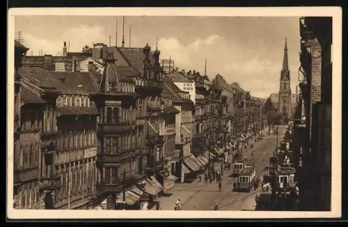 AK Karlsruhe, Kaiserstrasse mit Strassenbahnen und Blick auf das Durlacher Tor