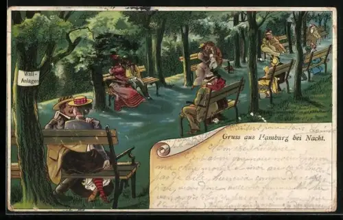 Lithographie Leipzig, Rosenthal, Liebespaare bei Nacht