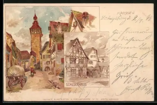 Künstler-AK P. Schmohl: Marbach / Neckar, Schillerhaus, Strassenpartie im Ort