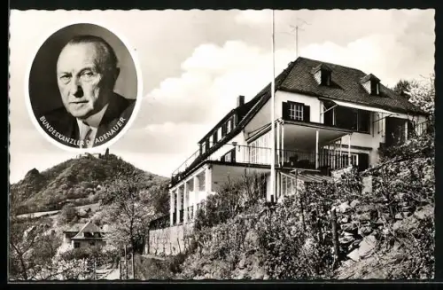 AK Röhndorf, Haus Adenauer mit Blick auf den Drachenfels, Portrait von Adenauer
